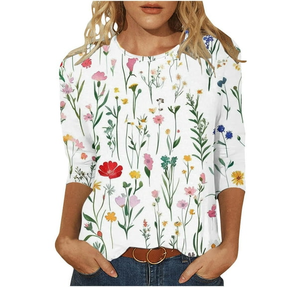 Womens Crew Neck 3/4 Sleeve Tops Basic Floral Print T-Shirts 2025 Summer Basic Tee Casual Tunic Top