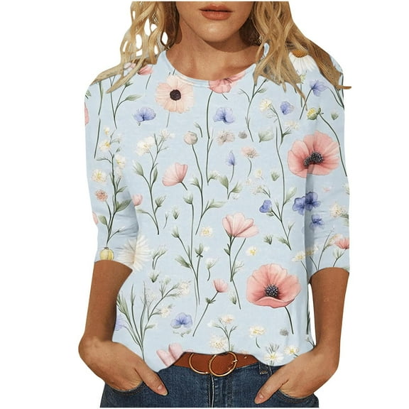 Womens Crew Neck 3/4 Sleeve Tops Basic Floral Print T-Shirts 2025 Summer Basic Tee Casual Tunic Top