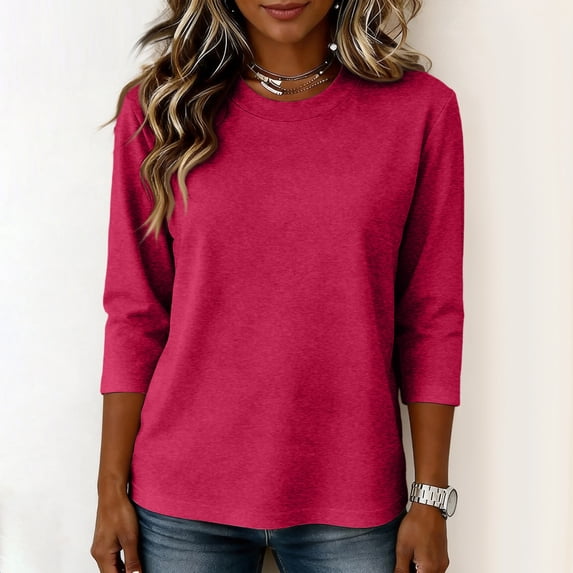 Womens Crew Neck 3/4 Sleeve Tops Casual T Shirts Fall Loose Fit Dressy Plain Basic Tops M