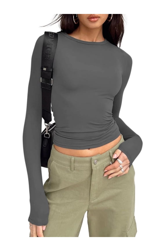 Womens Crew Neck Basic Long Sleeve T Shirt Slim Fit Tees Fall Going Out Crop Tops Cute Tight Shirts