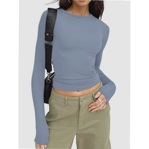 Womens Crew Neck Basic Long Sleeve T Shirt Slim Fit Tees Fall Going Out Crop Tops Cute Tight Shirts