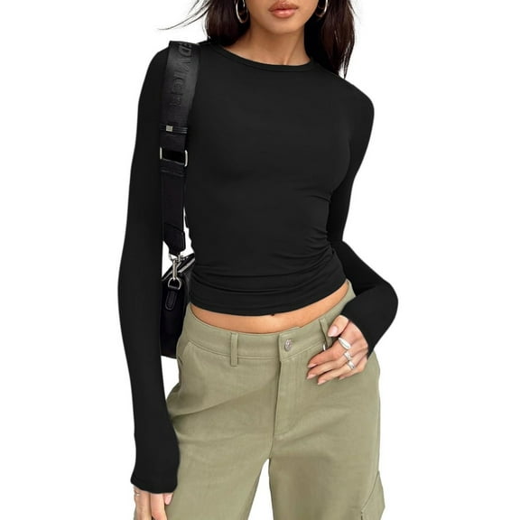 Womens Crew Neck Basic Long Sleeve T Shirt Slim Fit Tees Fall Going Out Crop Tops Cute Tight Shirts