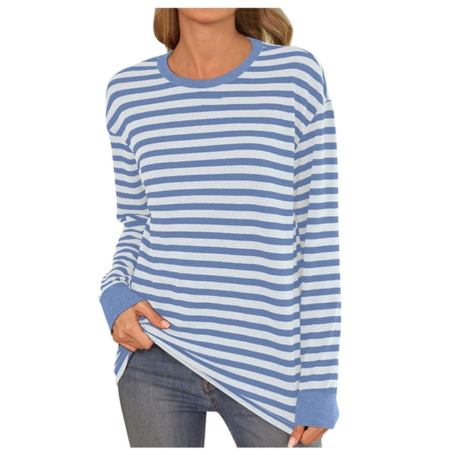 T-shirt à Manches Longues Rayé Pour Femme - Col Crew, Coupe Loose, Coton, Taille Variable, Neuf