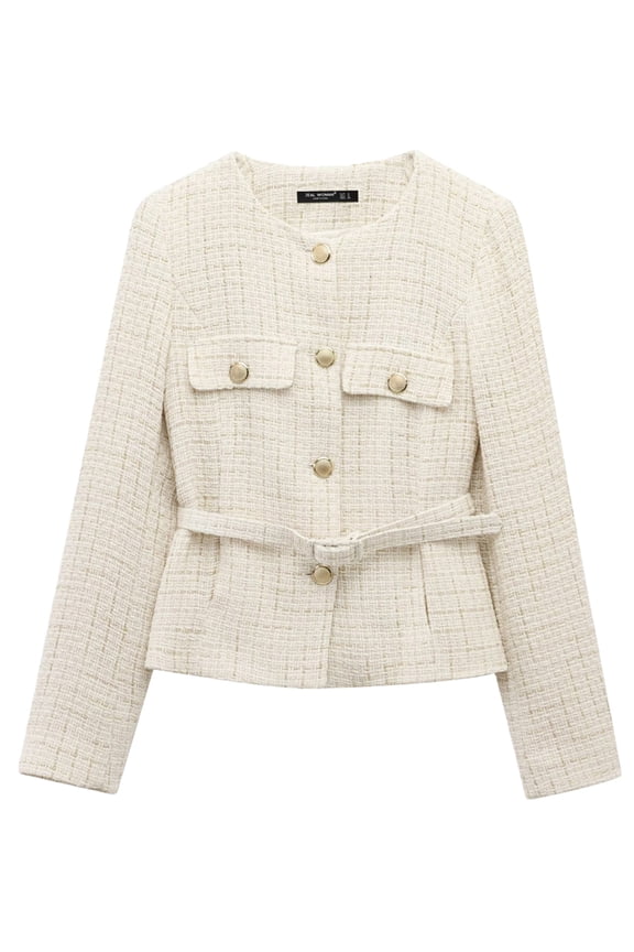 Womens Crew Neck Blazer with Belt Long Sleeve Front Buttons Outerwear Office Casual Coat S