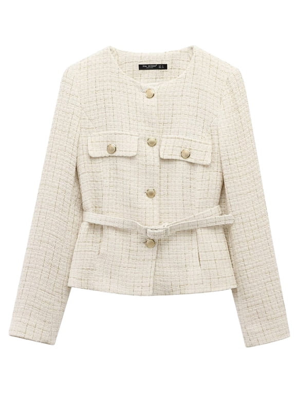 Womens Crew Neck Blazer with Belt Long Sleeve Front Buttons Outerwear Office Casual Coat XS