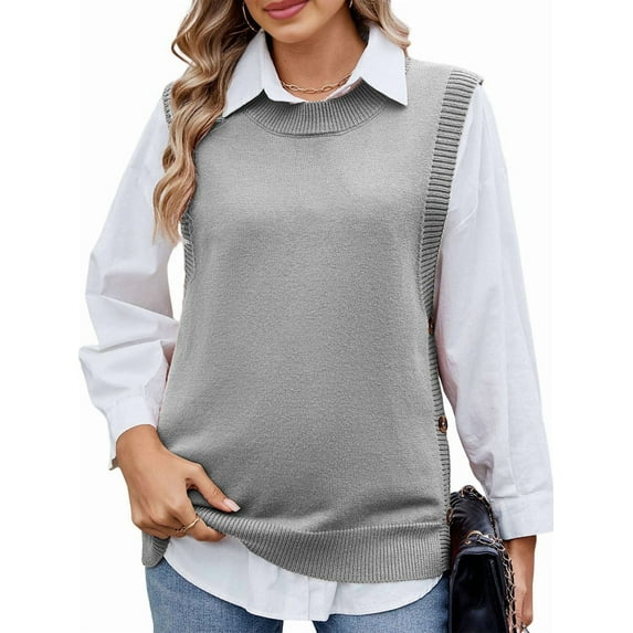 Womens Crew Neck Bowknot Solid Color Button Side Slit Pullover Tops 2025 Cute Knitted Fashion Sweaters Grey L