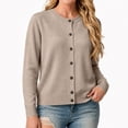 thumbnail image 1 of Womens Crew Neck Button Down Cardigan Solid Color Soft Knit Long Sleeve Outerwear Fall Winter Ribbed Hem Loose Fit Casual Knit Jumper Tops Light Brown M, 1 of 5