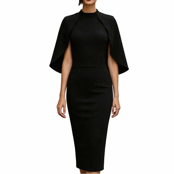 Womens Crew Neck Cape Sleeve Solid Color Slim Package Hip Dress Nightclub Dress Black XXL(XXL)
