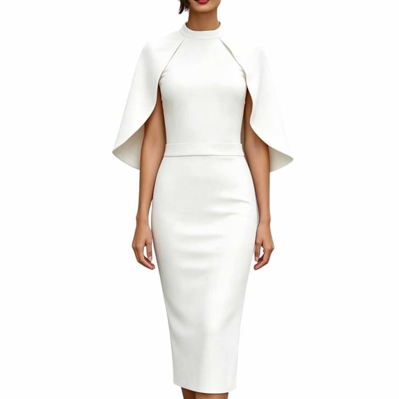 Womens Crew Neck Cape Sleeve Solid Color Slim Package Hip Dress Nightclub Dress White XXL(XXL)