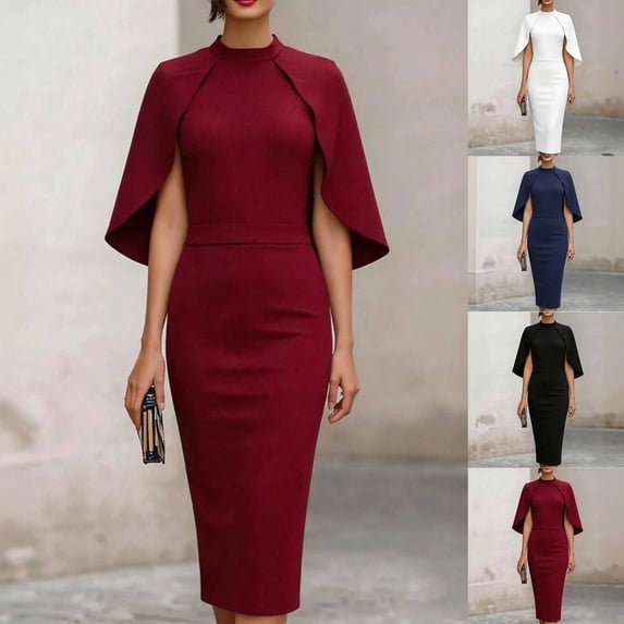 Womens Crew Neck Cape Sleeve Solid Color Slim Package Hip Dress Nightclub Dress Wine XL(XL)