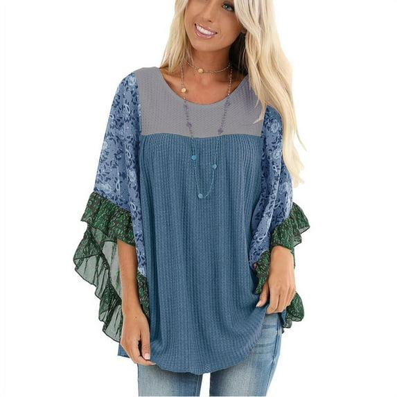 Womens Crew Neck Casual Pullover 3/4 Sleeve Boho Floral Blouses Loose Tops Shirts