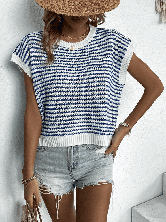 Womens Spring Boat Sweater Short Sleeve Nautical Catch of Day Vest Summer Knit Casual Round Neck Striped Tops Blue S