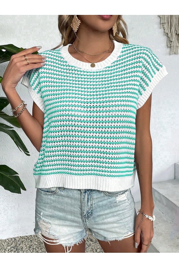 Womens Spring Boat Sweater Short Sleeve Nautical Catch of Day Vest Summer Knit Casual Round Neck Striped Tops Green XL