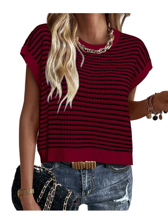 Women's Striped Cap Sleeve Crewneck Knit Top, Red/Black, 2XL