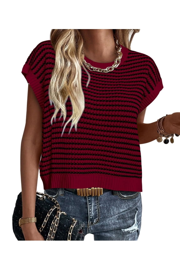 Womens Spring Boat Sweater Short Sleeve Nautical Catch of Day Vest Summer Knit Casual Round Neck Striped Tops Red Black M