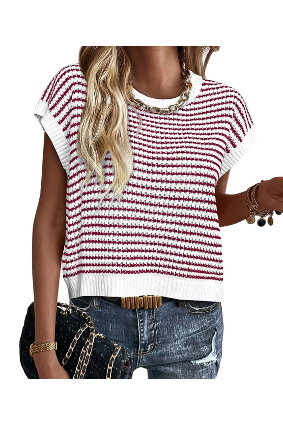 Womens Spring Boat Sweater Short Sleeve Nautical Catch of Day Vest Summer Knit Casual Round Neck Striped Tops Red White S