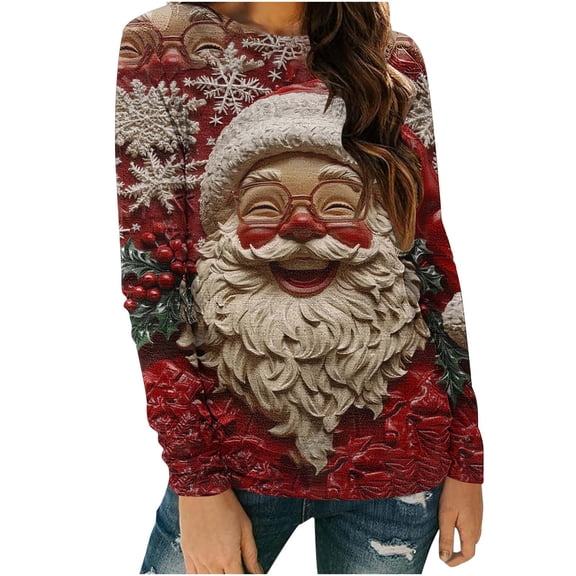 Womens Crew Neck Christmas Tops Christmas Elk Print Pullover Sweater Blouses Comfort Casual Long Sleeve Shirts Tops Fall Casual Trendy Sweatshirt Hooded Pullover Tops