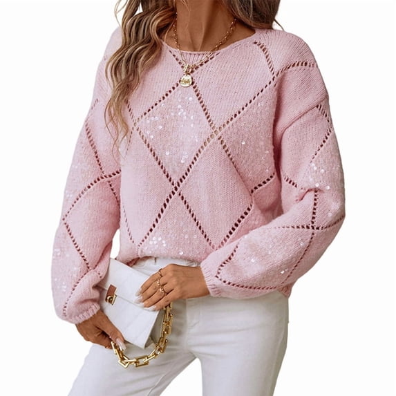 Womens Crew Neck Crochet Long Sleeve Hollow Out Knit Sweaters Fashion Loose Casual Sequin Pullover Pullovers Pink S