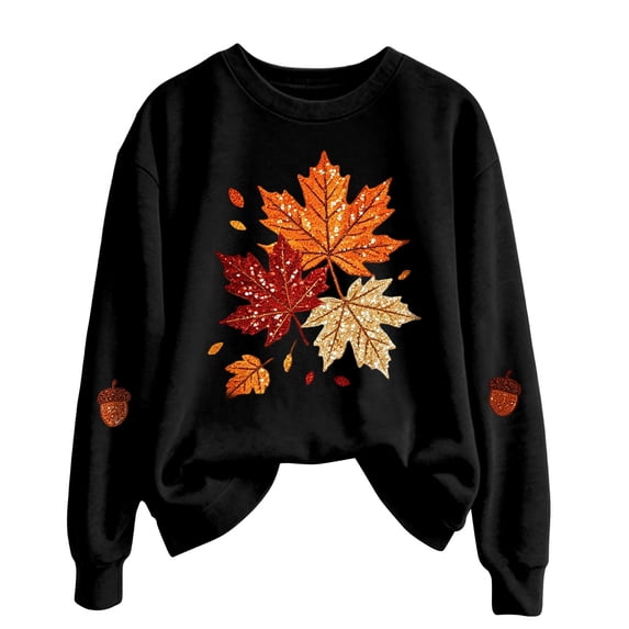 Womens Crew Neck Graphic Sweatshirts Trendy Maple Leaf Printed Long Sleeve Pullovers Causal Fall Loose Fit Tops Tshirts Black M
