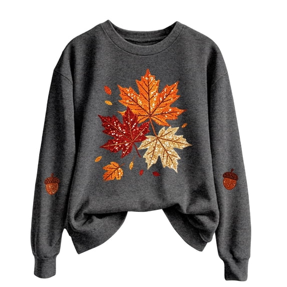 Womens Crew Neck Graphic Sweatshirts Trendy Maple Leaf Printed Long Sleeve Pullovers Causal Fall Loose Fit Tops Tshirts Dark Gray S