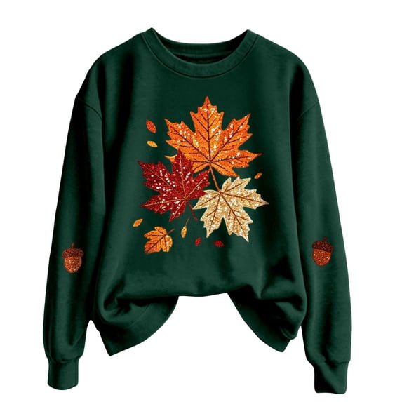 Womens Crew Neck Graphic Sweatshirts Trendy Maple Leaf Printed Long Sleeve Pullovers Causal Fall Loose Fit Tops Tshirts Green L