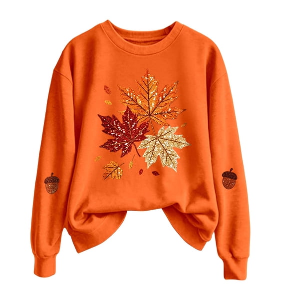 Womens Crew Neck Graphic Sweatshirts Trendy Maple Leaf Printed Long Sleeve Pullovers Causal Fall Loose Fit Tops Tshirts Orange XXL