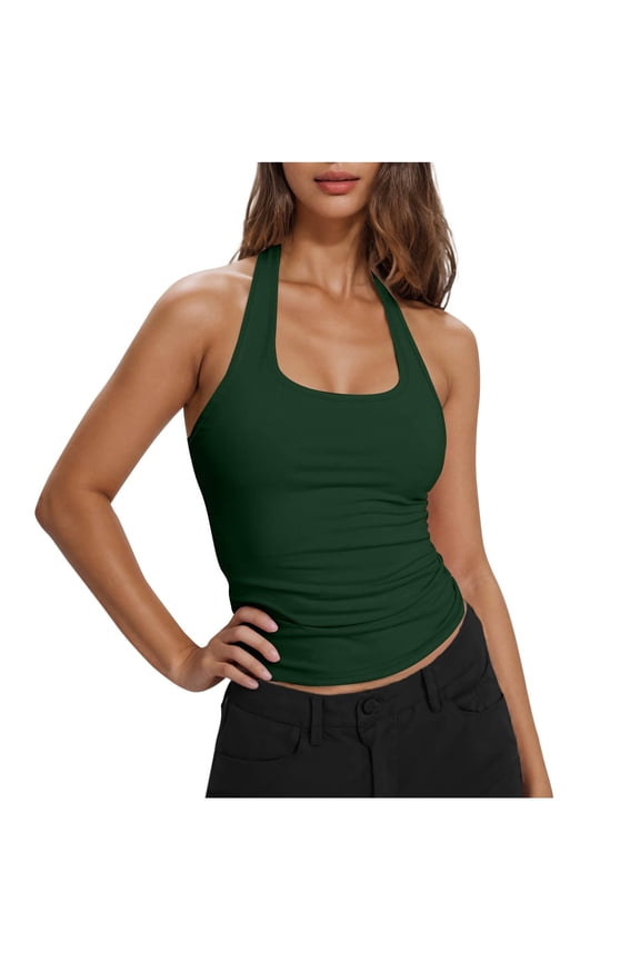 Womens Crew Neck Halter Tank Top Padded Ribbed Cropped Tank Trendy Backless Slim Fitted Basic Workout Cami Tops