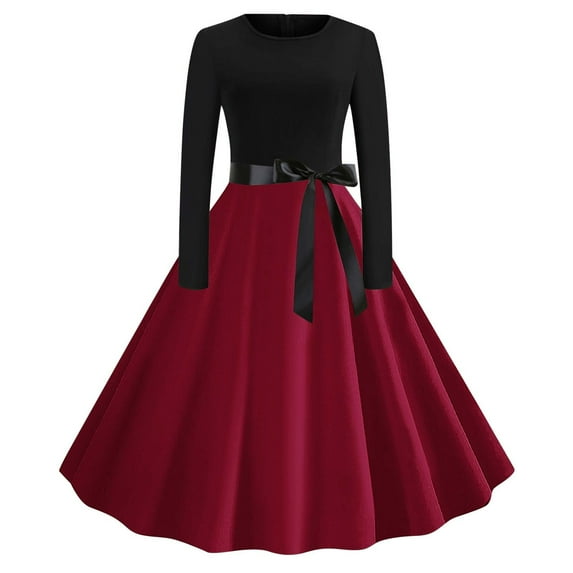 Womens Crew Neck Hepburn Prom Dress Vintage Plaid Cocktail Party Dress Retro Rockabilly Dress with Belt