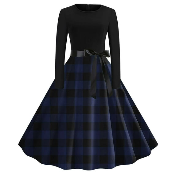 Womens Crew Neck Hepburn Prom Dress Vintage Plaid Cocktail Party Dress Retro Rockabilly Dress with Belt