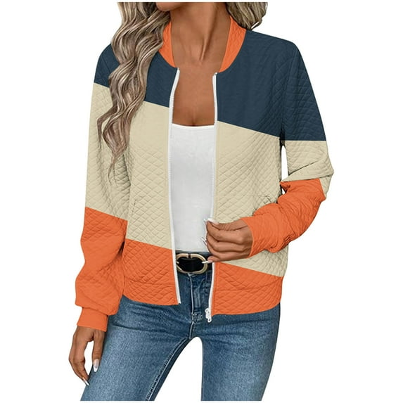 Womens Crew Neck Jackets Front Zip Color Block Waffle Cardigan Casual Stylish Fall Winter Trendy Coat With Pockets (S, Multicolor)