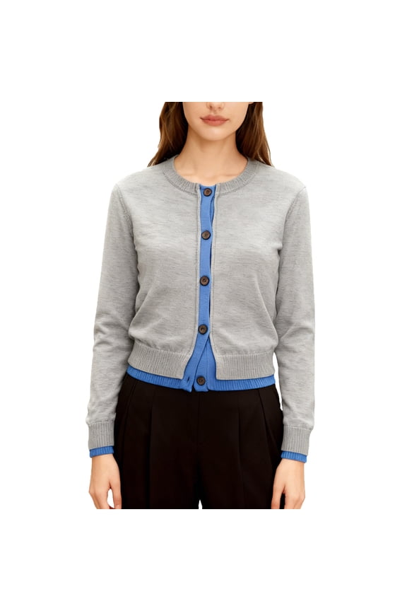 Womens Crew Neck Knit Cardigan Long Sleeve Color Block Patchwork Button down Elegant Cropped Cardigans Tops (S, Gray)