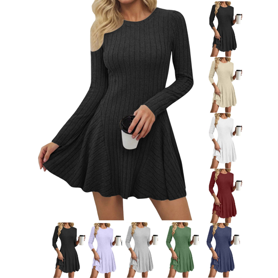 Womens Crew Neck Long Sleeve Dresses Solid Color Casual Dress Swing Flowy Daily wear Fall Winter Clothes Outdoor Office Outfits
