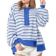 thumbnail image 1 of Womens Crew Neck Long Sleeve Loose Shirt Striped Button Sweatshirt Pullover Oversized Sweater for Women Fall Clothes (Blue XL), 1 of 6