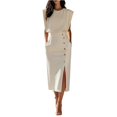 thumbnail image 1 of Womens Crew Neck Long Sleeve Spring Fall Dresses,Women's Fashion Fashion Solid Color Round Neck Waist Split Metal Buttons Dresses Beige, 1 of 3