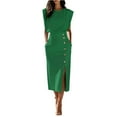 thumbnail image 1 of Womens Crew Neck Long Sleeve Spring Fall Dresses,Women's Fashion Fashion Solid Color Round Neck Waist Split Metal Buttons Dresses Green, 1 of 3