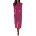 thumbnail image 1 of Womens Crew Neck Long Sleeve Spring Fall Dresses,Women's Fashion Fashion Style Solid Color Round Neck Waist Split Metal Buttons Dresses Hot Pink, 1 of 3