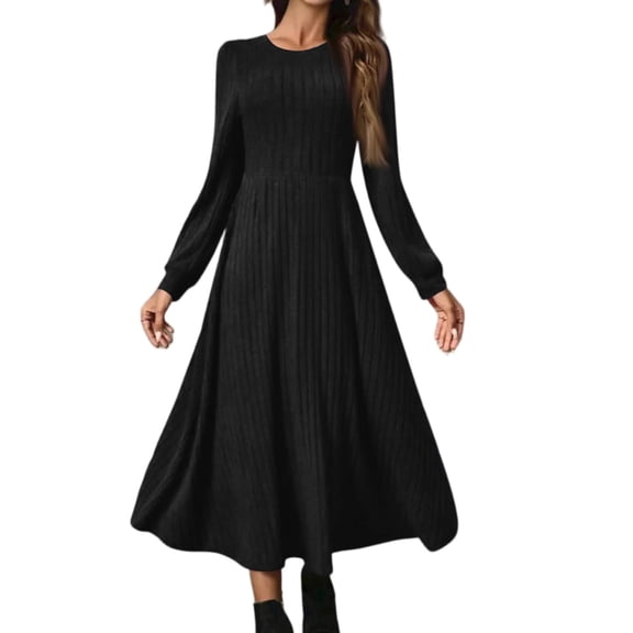 Womens Crew Neck Long Sleeve Spring Fall Dresses,Women's Fashion Round Neck Long Sleeve Solid Colour Casual Maxi Dress With Ribbed Trim And Fringe Detail Black