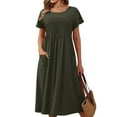thumbnail image 1 of Womens Crew Neck Long Sleeve Spring Fall Dresses,Women's Fashion Solid Color Round Neck Pocket Pleated Short Sleeve Cotton And Linen Dress Army Green, 1 of 4