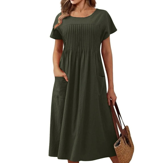 Womens Crew Neck Long Sleeve Spring Fall Dresses,Women's Fashion Solid Color Round Neck Pocket Pleated Short Sleeve Cotton And Linen Dress Army Green
