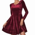 thumbnail image 1 of Womens Crew Neck Long Sleeve Spring Fall Dresses,Women's Fashionable And Elegant Long-sleeved Round Neck Velvet Dress Red, 1 of 5