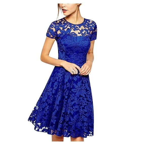 Womens Crew Neck Long Sleeve Spring Fall Dresses,Women's Summer Casual Solid Color O-neck Side Zipper Short-sleeve Stitching Lace With A-line Dress Blue
