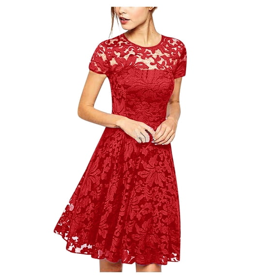 Womens Crew Neck Long Sleeve Spring Fall Dresses,Women's Summer Casual Solid Color O-neck Side Zipper Short-sleeve Stitching Lace With A-line Dress Red