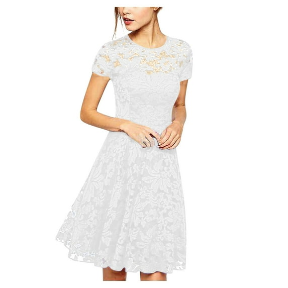 Womens Crew Neck Long Sleeve Spring Fall Dresses,Women's Summer Casual Solid Color O-neck Side Zipper Short-sleeve Stitching Lace With A-line Dress White