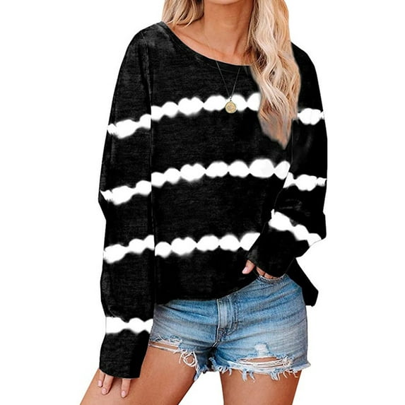 Tie Dye Print Plus Size Loose Sweatshirts for Womens Casual Crew Neck Long Sleeve Baggy Pullover Tops Striped Gradient Tunic Tennis Running Sports Winter T-Shirts Ladies Womens Sweatshirts