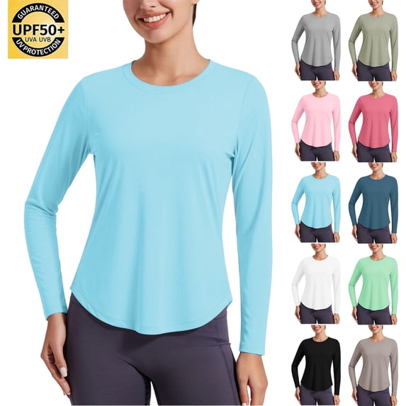 Womens Crew Neck Long Sleeve Sun Protection Top UPF 50+ Quick Dry Breathable T‑Shirt for Outdoor Hiking Fishing