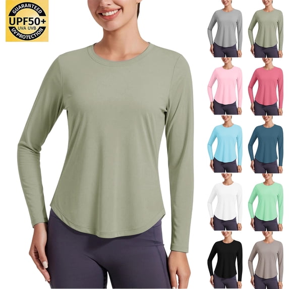 Womens Crew Neck Long Sleeve Sun Protection Top UPF 50+ Quick Dry Breathable T‑Shirt for Outdoor Hiking Fishing
