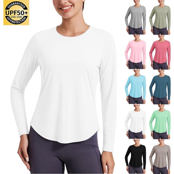 Womens Crew Neck Long Sleeve Sun Protection Top UPF 50+ Quick Dry Breathable T‑Shirt for Outdoor Hiking Fishing
