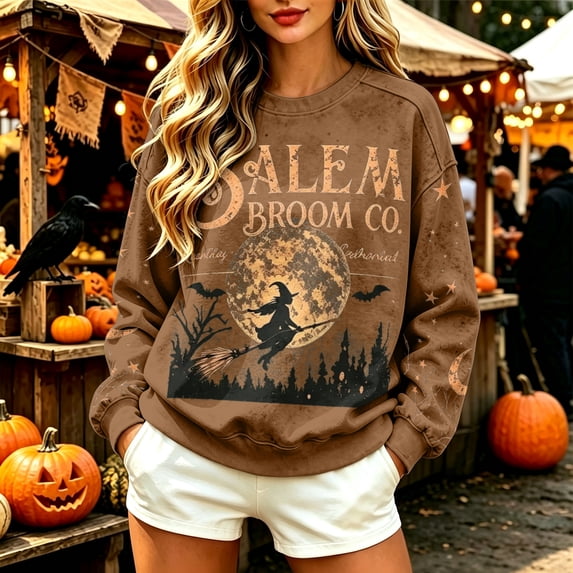 Womens Crew Neck Long Sleeve Sweatshirt Halloween Witch Broom Graphic Pullover Relaxed Fit Casual Fall Tops Brown L