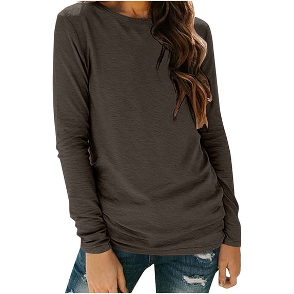 Womens Crew Neck Long Sleeve Sweatshirt Trendy Casual Lightweight Pullover Tops Brown XXL