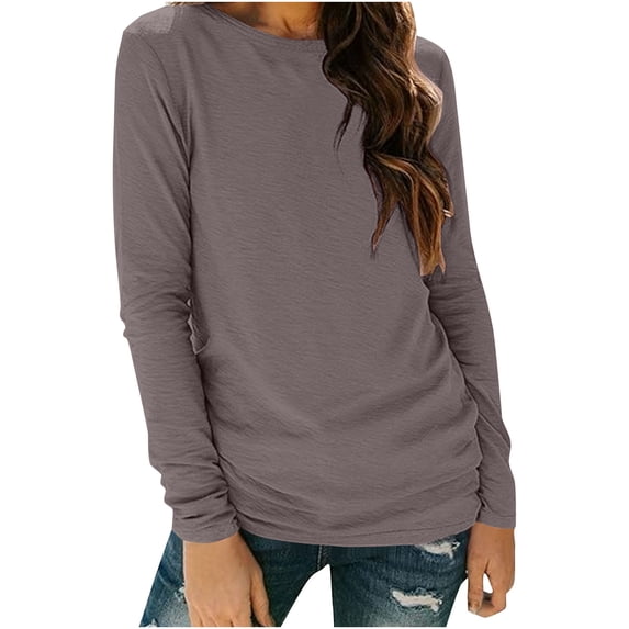 Womens Crew Neck Long Sleeve Sweatshirt Trendy Casual Lightweight Pullover Tops Khaki XXL